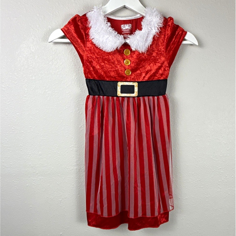 AME Girls XS 4/5 Santa Christmas Dress Red Velvet Faux Fur Belt Holiday Costume